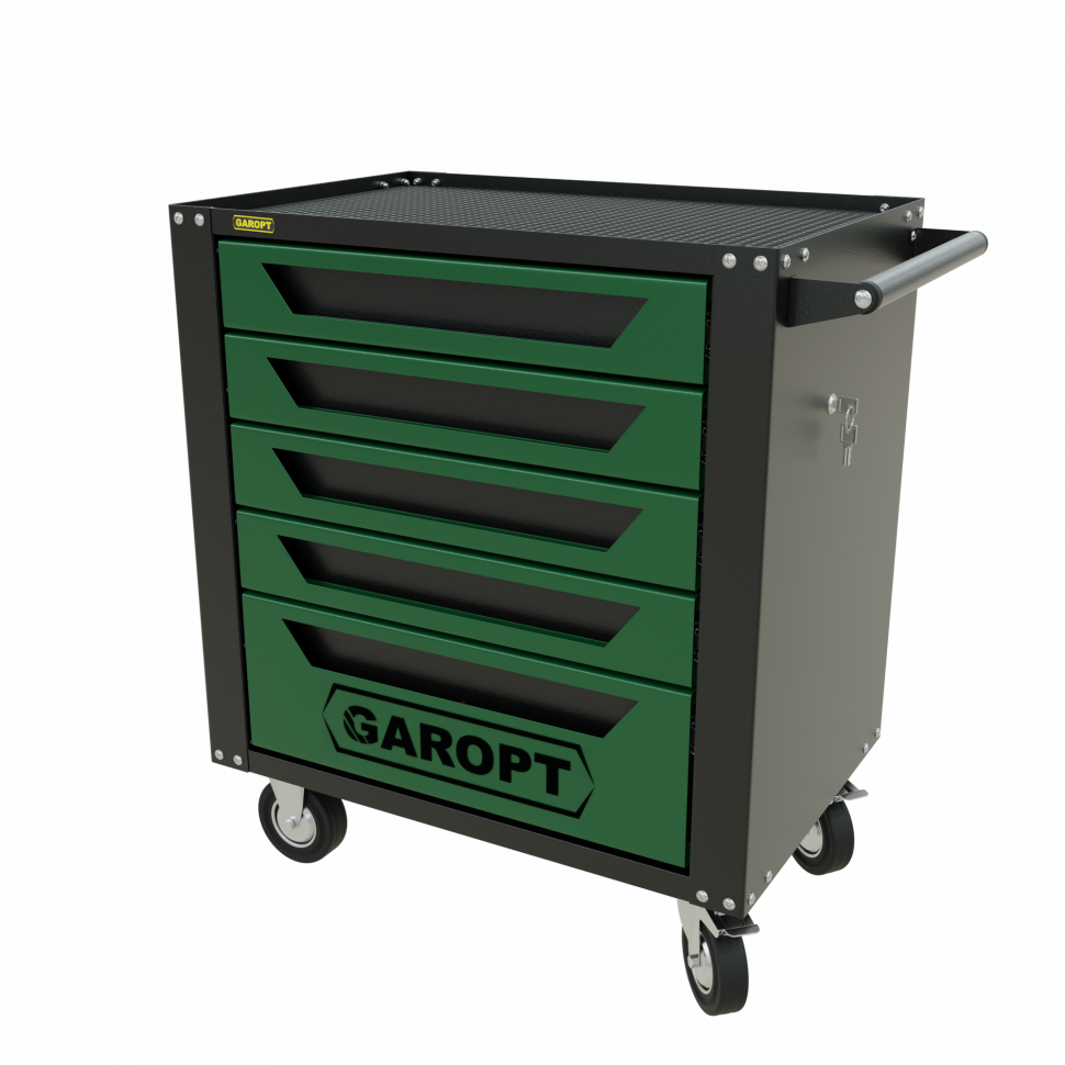 Тележка инструментальная Garopt 5 ящиков ЗЕЛЕНАЯ, центральный замок, увеличенные колеса, доводчики,  GAROPT Серия "Standart"