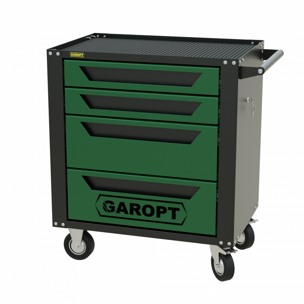 Тележка инструментальная Garopt 4 ящиков ЗЕЛЕНАЯ, центральный замок, увеличенные колеса, доводчики,  GAROPT Серия "Standart"