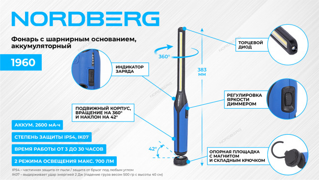 Фонарь светодиодный, с шарнирным основанием, аккумуляторный NORDBERG 1960