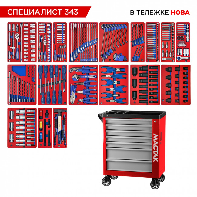 Набор инструментов 343 предмета, "СПЕЦИАЛИСТ 343", в красной тележке МАСТАК 50-07343R