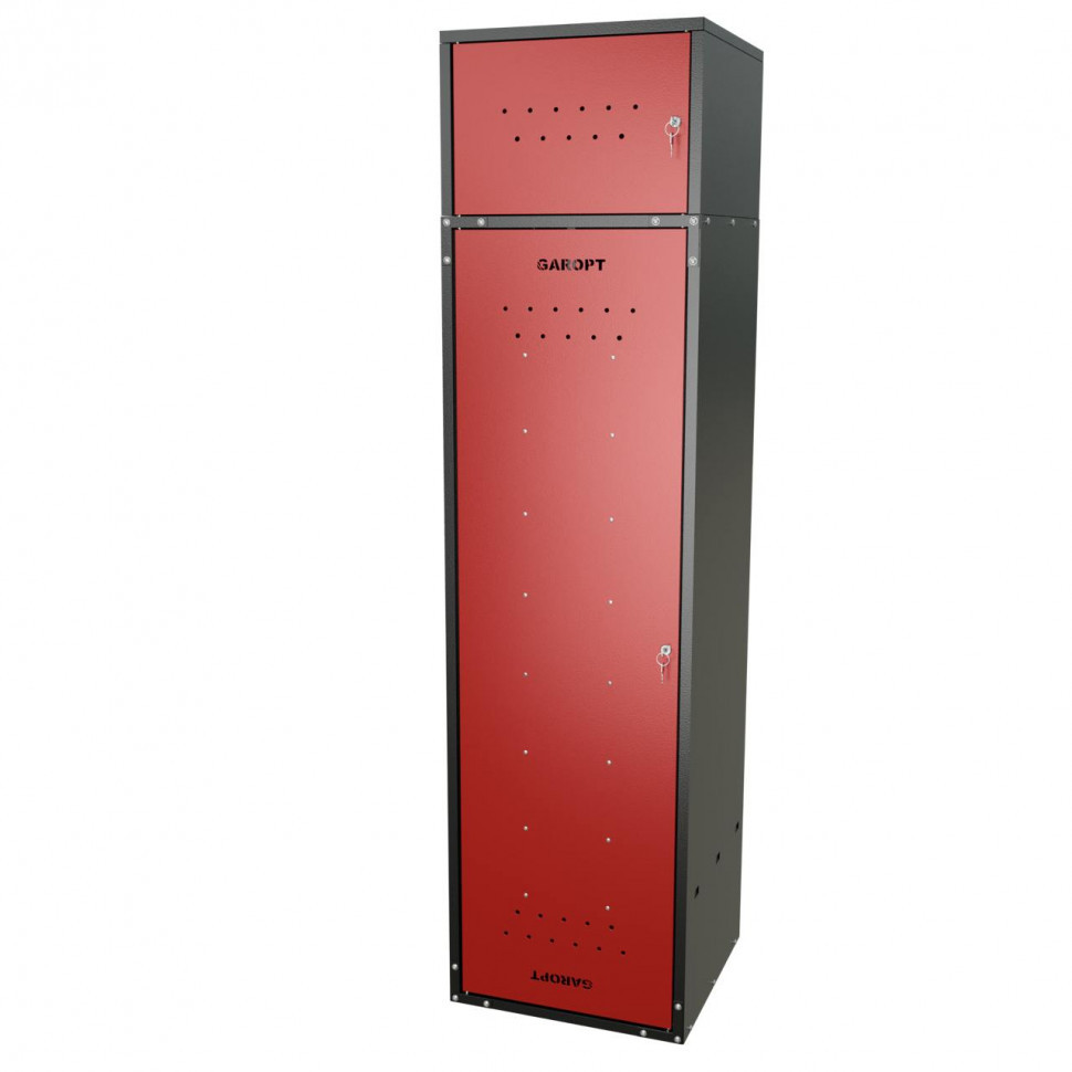 Шкаф для раздевалок GT205SHP.RED (500мм х 500мм х 1936мм) КРАСНЫЙ . Секция для обуви, двойная секция для курток с перекладиной под вешалки, верхняя антресоль с отдельным замком для головных уборов и сумок (2)
