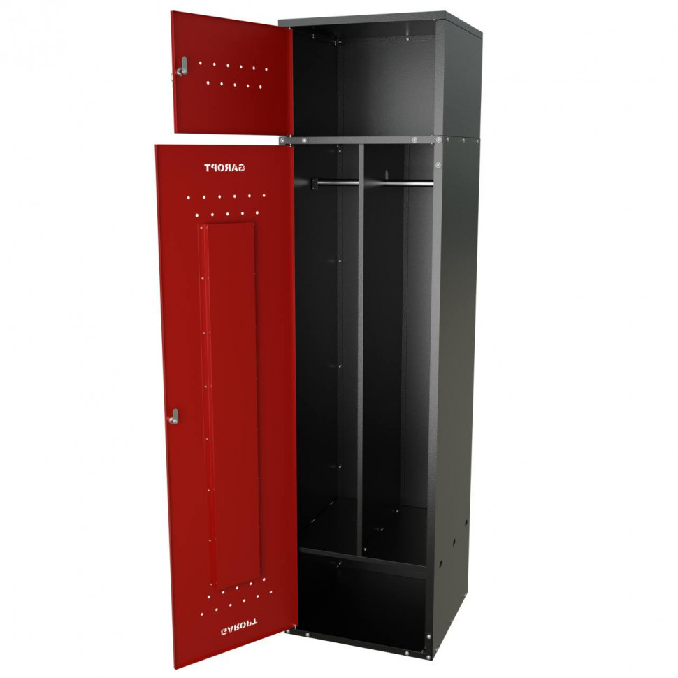 Шкаф для раздевалок GT205SHP.RED (500мм х 500мм х 1936мм) КРАСНЫЙ . Секция для обуви, двойная секция для курток с перекладиной под вешалки, верхняя антресоль с отдельным замком для головных уборов и сумок (2)