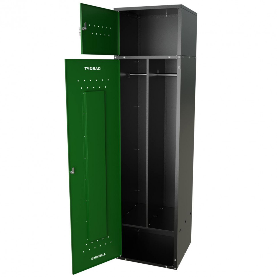 Шкаф для раздевалок GT205SHP.GREEN (500мм х 500мм х 1936мм) ЗЕЛЕНЫЙ . Секция для обуви, двойная секция для курток с перекладиной под вешалки, верхняя антресоль с отдельным замком для головных уборов и сумок (4)