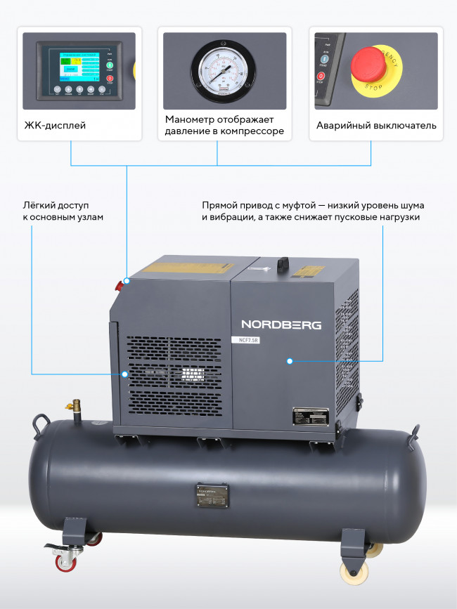 Компрессор винтовой, 5,5 кВт, 10 бар, 660 л/мин, ресивер 230 л, IP54 NORDBERG NCF7,5R