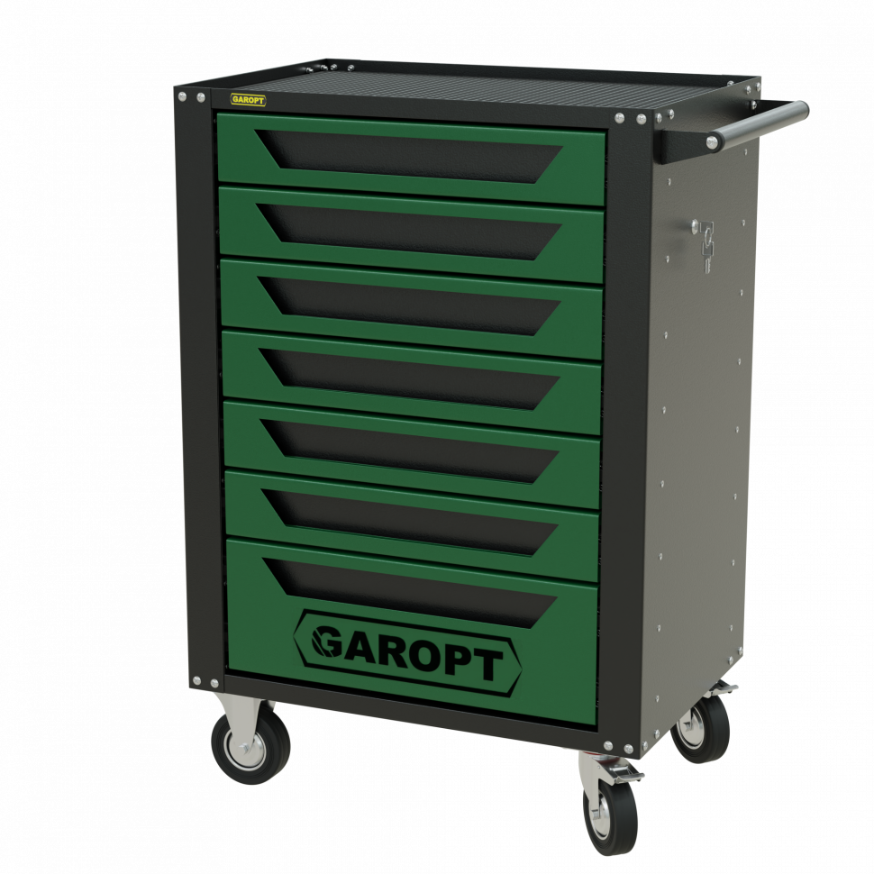 Тележка инструментальная Garopt 7 ящиков ЗЕЛЕНАЯ, центральный замок, увеличенные колеса, доводчики, GAROPT Серия "High", высота 1040мм